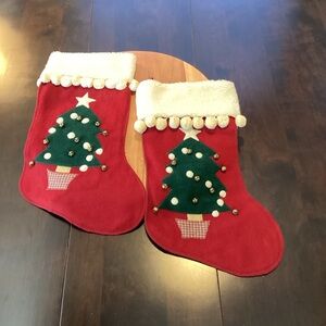VTG Hand Crafted Christmas Stockings Set of Two (2) W bells and Ball Fringe EUC